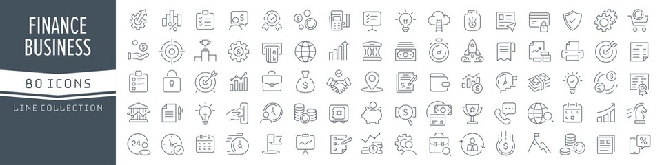 Fototapeta na wymiar Finance and business line icons collection. Big UI icon set in a flat design. Thin outline icons pack. Vector illustration EPS10