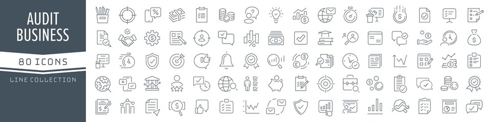 Fototapeta Audit and business line icons collection. Big UI icon set in a flat design. Thin outline icons pack. Vector illustration EPS10 obraz