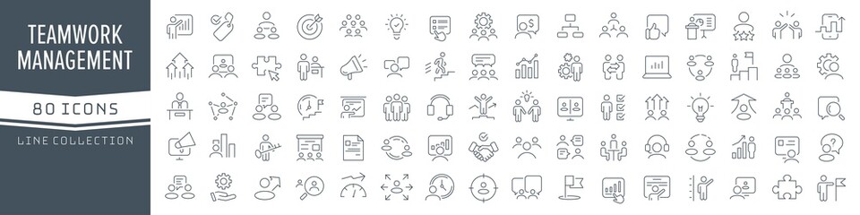 Teamwork and management line icons collection. Big UI icon set in a flat design. Thin outline icons pack. Vector illustration EPS10