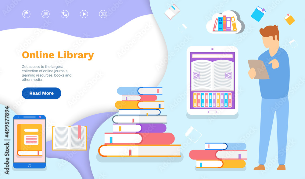 Poster program for reading books online. man using electronic library in his phone. website landing page te