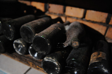 wine cellar. bottles of wine aged in special storage conditions. photo inside.