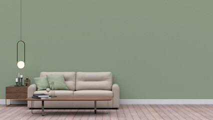 Set of interior furniture on green wall with wooden floor. 3d illustration. - 499578020