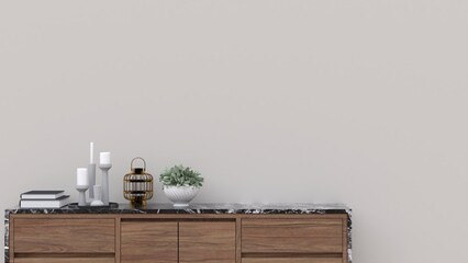 Set of interior furniture on light beige wall with wooden floor. 3d illustration. - 499578021