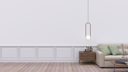 Set of interior furniture on white wall with wooden floor. 3d illustration.