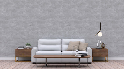 Set of interior furniture on concrete wall with wooden floor. 3d illustration. - 499578023