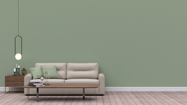 Set of interior furniture on green wall with wooden floor. 3d illustration.