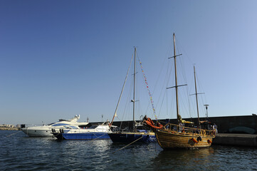 Seascape with sailboat the background of the blue sky.Beautiful sailboat sailing sail blue...