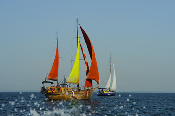 Fototapeta premium Seascape with sailboat the background of the blue sky.Beautiful sailboat sailing sail blue Mediterranean sea ocean horizon.