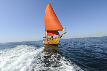 Seascape with sailboat the background of the blue sky.Beautiful sailboat sailing sail blue Mediterranean sea ocean horizon. © samy