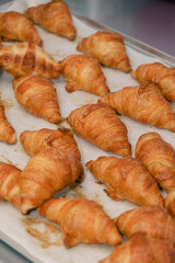Freshly baked croissants on a baking tray in a pastry shop.
