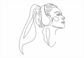 continuous single drawn one line. girl woman listens to music with headphones