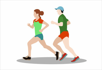 Fototapeta na wymiar Running man and woman on a white background. Sport and fitness template design with runners in flat style. Vector illustration