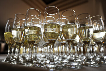 champagne glasses. champagne at a dinner party. detail.