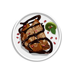 pancakes with cottage cheese on plates top view vector. pancakes with chocolate cream vector illustration. pomegranate seeds and pancakes vector