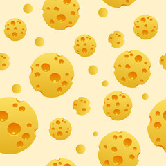 Seamless yellow pattern with round pieces of cheese with holes. Vector stock image.