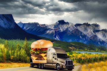 The truck transports gigantic burgers. Manipulation