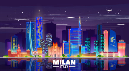 Milan Italy skyline with panorama in night background. Vector Illustration. Business travel and tourism concept with modern buildings. Image for banner or web site.


