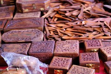 Wooden handcraft , carved on wooden, toys and articles on display. Incredible India.