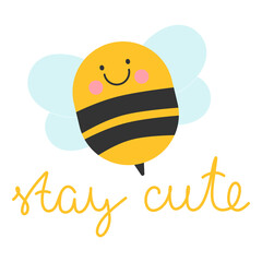 Smiling bee cute character. Bumblebee bug with wings. Yellow and black striped vector logo for honey locar farm. Childish kind icon for nursery cards, posters, printing on paper, fabric and clothes.
