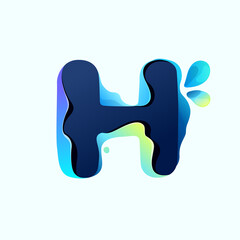 H letter eco logo with blue dew drops in hologram glitch style. Environment friendly icon.