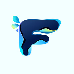 F letter eco logo with blue dew drops in hologram glitch style. Environment friendly icon.