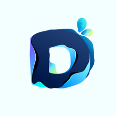 D letter eco logo with blue dew drops in hologram glitch style. Environment friendly icon.