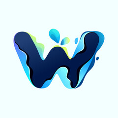 W letter eco logo with blue dew drops in hologram glitch style. Environment friendly icon.