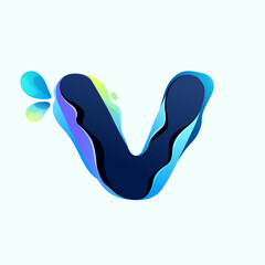 V letter eco logo with blue dew drops in hologram glitch style. Environment friendly icon.