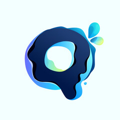 Q letter eco logo with blue dew drops in hologram glitch style. Environment friendly icon.