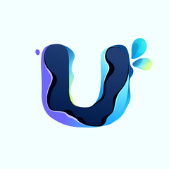 U letter eco logo with blue dew drops in hologram glitch style. Environment friendly icon.
