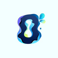 Number eight logo with blue dew drops in hologram glitch style. Environment friendly icon.