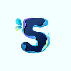 Number five logo with blue dew drops in hologram glitch style. Environment friendly icon.
