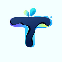 T letter eco logo with blue dew drops in hologram glitch style. Environment friendly icon.