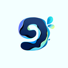 Number nine logo with blue dew drops in hologram glitch style. Environment friendly icon.