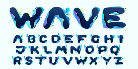 Alphabet with blue dew drops in hologram glitch style. Environment friendly icons.