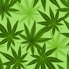 Seamless vector pattern with green cannabis leaves. Marijuana background.