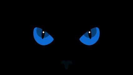 Blue eyes of a cat in the dark. Illustration of a minimalistic black cat with blue eyes in the dark.
