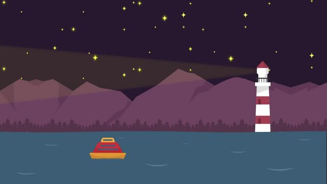 Lighthouse give light signal on shoreline at night