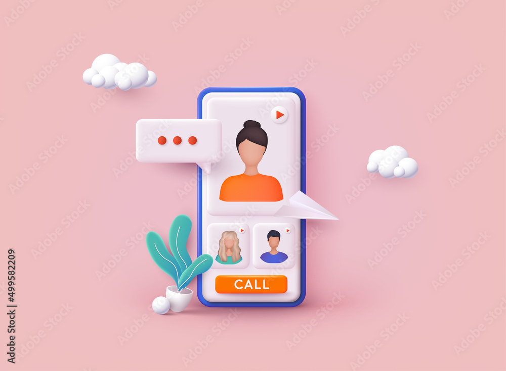 Poster people on phone screen taking with colleague. videoconferencing and online meeting workspace. 3d web