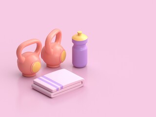Obraz premium Kettlebell with 3D Bottle of water and towel. 3D render