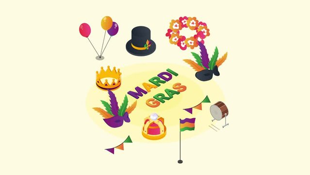 Mardi Gras text with colorful party equipments