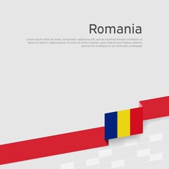 Romania flag background. State romanian patriotic banner, cover. Ribbon color flag of romania on a white background. National poster. Business booklet. Vector tricolor flat design - obrazy, fototapety, plakaty