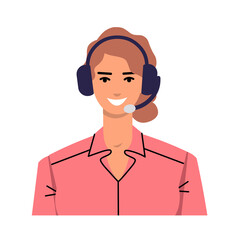 Icon of young woman in headphones isolated on white background. Avatar operator in a flat style. Portrait of a girl with brown hair and in pink clothes. Online support assistant. Call center. Vector.