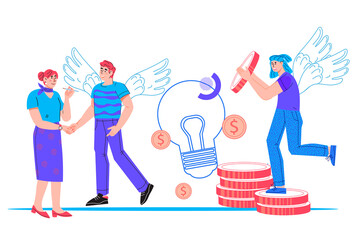 Angel investor concept of investment in startup and innovative business project, flat vector illustration. Financing and investment fund, crowdfunding.