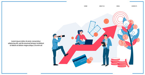 Fototapeta premium Business concept of stock trading, investments and income growth. ROI, investment profit increasing and analytics, earnings forecast. Website page or presentation slide interface, vector illustration.