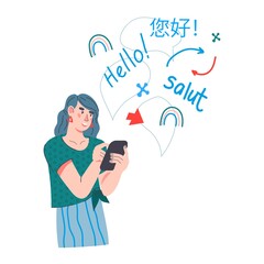 Woman using online language translator or learning app, flat vector illustration isolated on white background. Multilingual communication using translate app on smartphone.