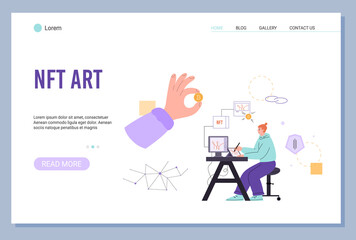 NFT art market website with entrepreneur posting artwork, vector illustration. - obrazy, fototapety, plakaty