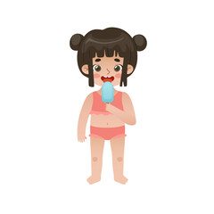 Cute baby girl in swimwear licking the ice cream. Adorable toddler eating popsicle on the summer vacations.