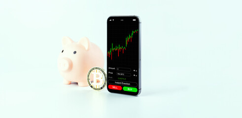 Crypto currency exchange. Pink pig bank, gold crypto currency BTC bitcoin on white background. Bitcoin trading mobile phone app. Save money investment and business finance.