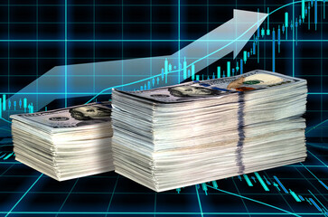 Bundle of dollar money cash, income chart exchange trading up arrow. Currency banknotes. The...